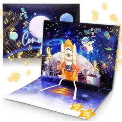 Musical Congrats Card w 6 LED Lights, Rocket Blast, 3D Pop-Up Greeting Card w Handcrafted Design & Envelope Included