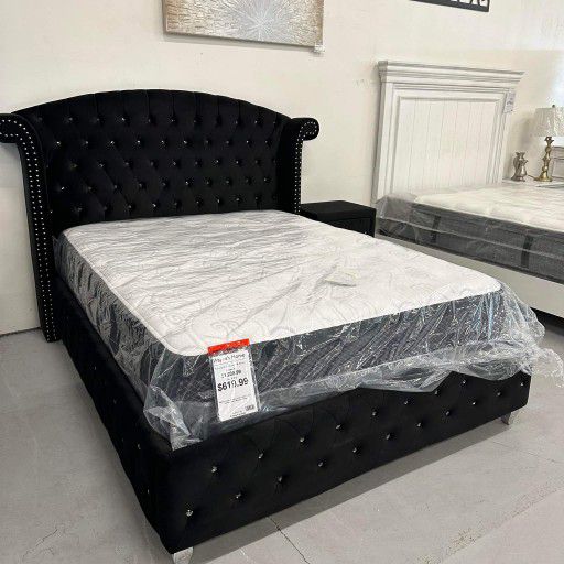 Black Velvet Tufted Upholstered Queen Bed frame and bedroom set (5 piece) 