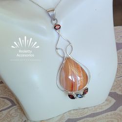 Sterling Silver 925 Necklace With Agate, Peridot And Agate Stones 