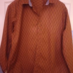 Men Brown Shirt With Black/White Plaid Collar & Cuffs