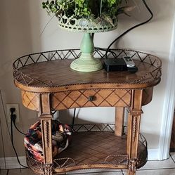 Vintage Cane-Trimmed Two-Tier Accent Table