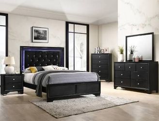 New 5 Piece Tufted Bedroom Set With LED Lights. Black. Free Delivery!