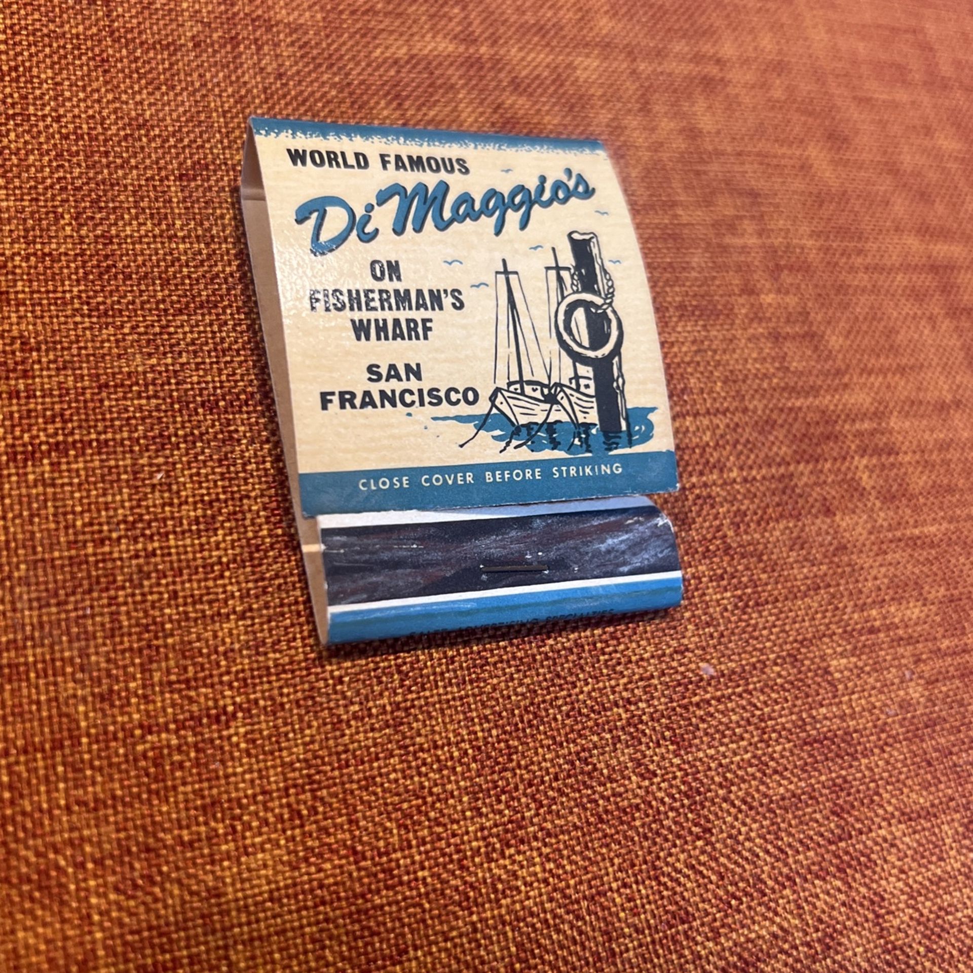 Vintage DiMaggio's on Fisherman's Wharf, San Francisco restaurant matchbook, matches, famous baseball player Joe DiMaggio New York Yankees