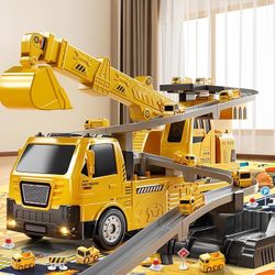 New In Box 2 in 1 Construction Cranes Truck Toy Playset, Engineering Excavator Track Set with Crane, Excavator, Track, Transport Vehicles, Sound & Lig