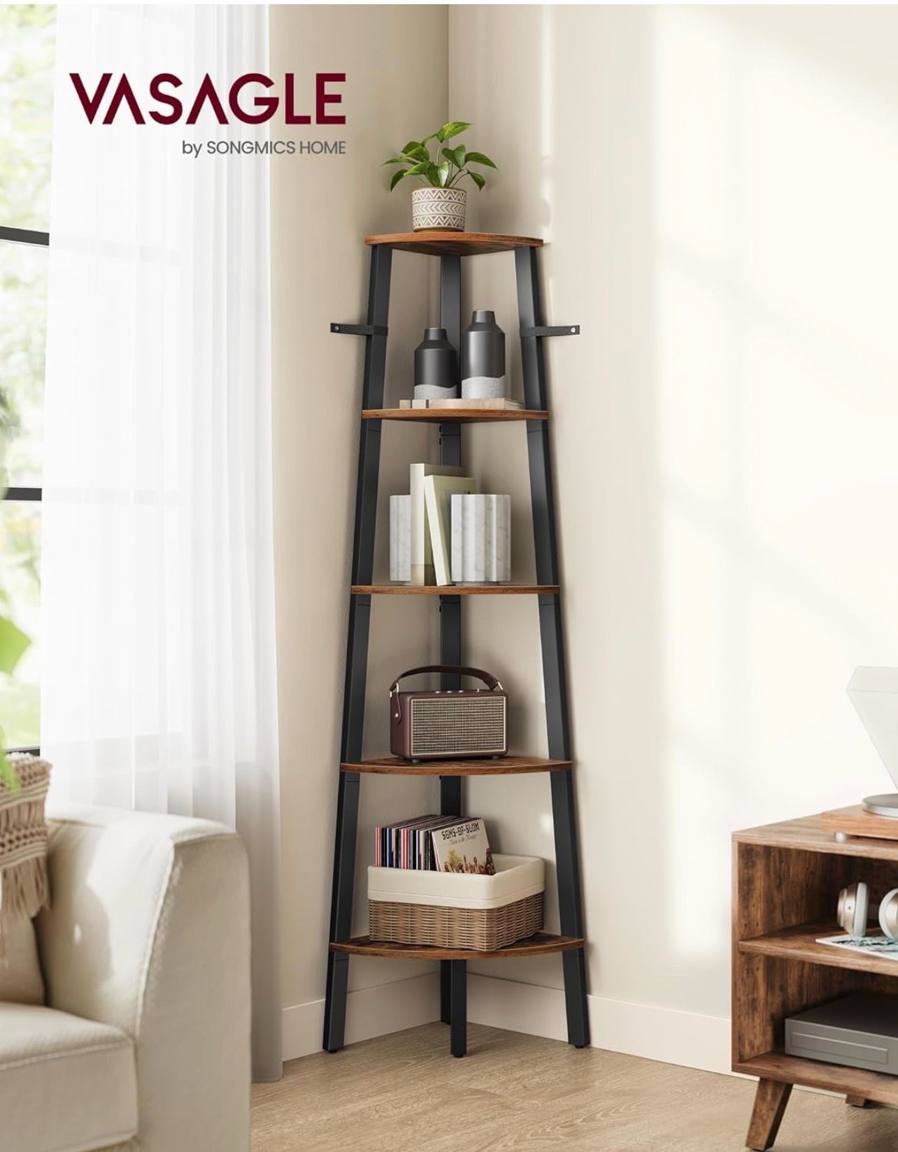 Corner Shelf Stand, 5-Tier Corner Bookshelf, Industrial Ladder Shelf, Plant Stand for Living Room, Office, Kitchen, Rustic Brown and Black ULLS35X
