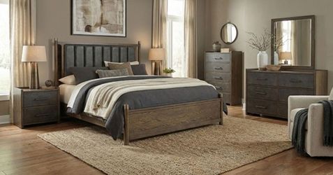 Brand New Dark Walnut & Grey 4pc Queen Bedroom Set (Available in Eastern King)