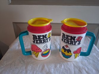2 Vintage 1990s Ben & Jerrys Reusable Plastic Drinking Mug Thermos Insulated NEW