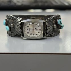 Vintage Seiko Mechanical Watch In Native American Style Open Bangle Sterling Silver Bracelet 