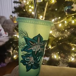 Starbucks 2022 Holiday 24oz Glitter Floral Reusable Cold Cup with Lid and Straw pre owned