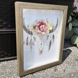 Framed Boho Flowers Feathers Skull Picture Hanging Wall Art 14”x11”x1.5”