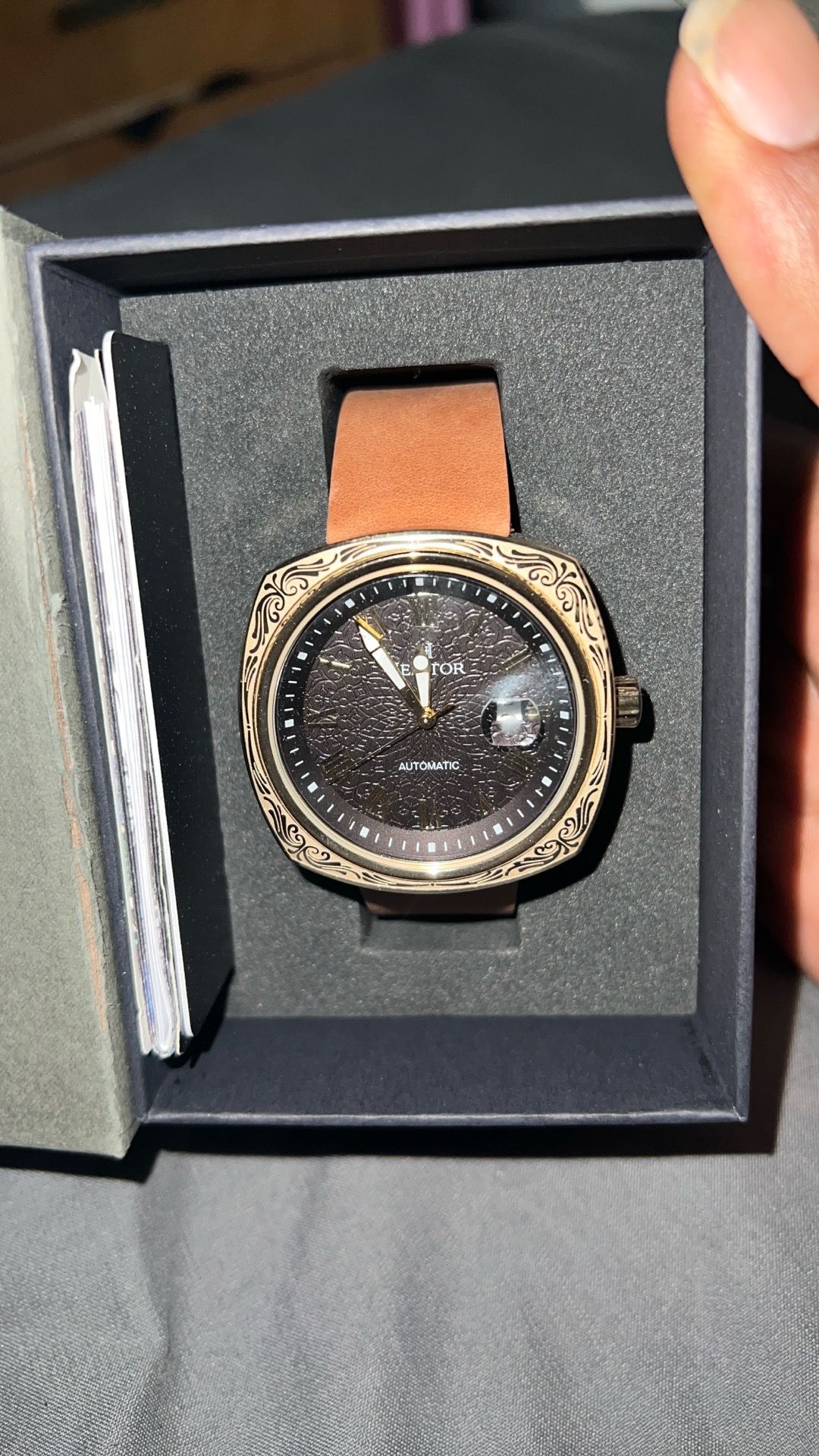 Heritor Automatic Davenport Engraved-Case Leather Band Watch