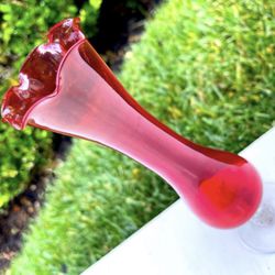 Original Vintage Deep Ruby Red Fine Art Ruffled Glass Bud Vase Artist Antique   Artisan Cranberry Clear Victorian Rose Deco Nouveau Style
