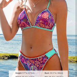 SMALL CUPSHE Women Swimsuit Bikini Set Triangle Cheeky Paisley Shell Stitched Two Piece Bathing Suit