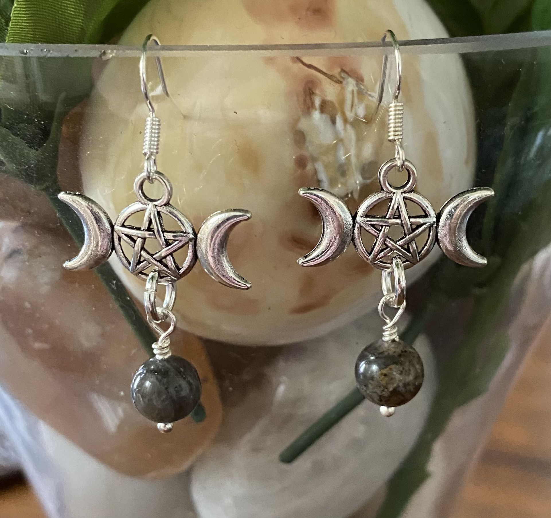 Triple Moon Goddess With Genuine Black Moonstone Earrings