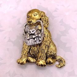 Dog   / cat vintage style  large brooch  silver & Gold Tone