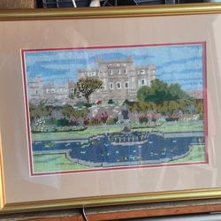 MCM Needle-point European Countryside Castle Glass Framed Art 22 3/4" × 17 3/4" Nice Condition