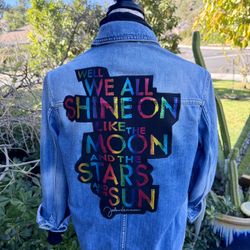 Women's Distresssed Denim Jean Jacket "We All Shine On"-John Lennon-Small