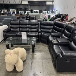 Black Recliner Sectional With Bluetooth Speaker And LED Lights 