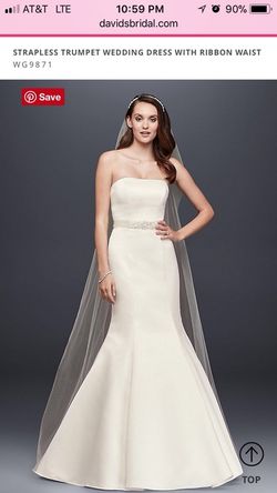 David’s bridal size 10 ivory satin strapless trumpet wedding gown with sweep train & bustle