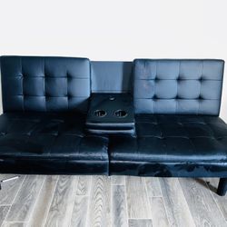 All Black Tufted Futon With Suitable Cup Holders. 