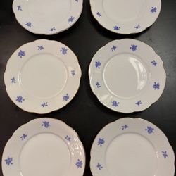 Set of 6 Arabia of Finland White Cake Plate with Blue Roses Decor Porcelain Tableware 1930 s 1950 s