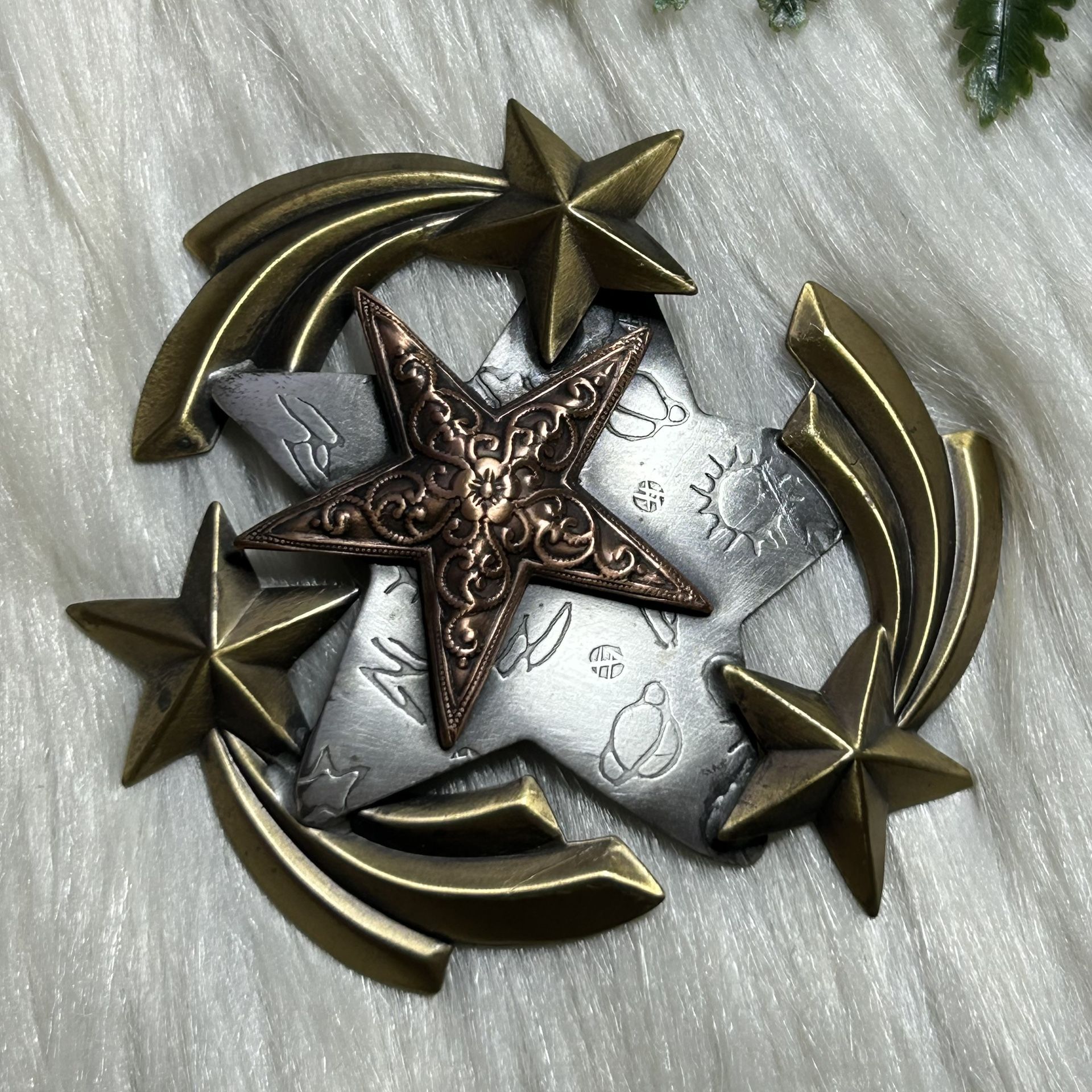 Star Bronze Silver brass tripple tone brooch necklace