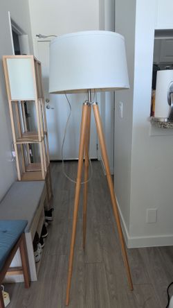 Mid-Century Modern Wooden Tripod Floor Lamp w/ White Drum Shade