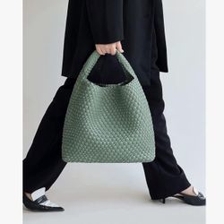 Hand Woven Tote for Women - Vegan Leather Handle Handbag, Travel Shoulder Bag, Hobo and Beach Bag With Purse