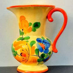 Czechoslovakian Art Deco Peasant Ware Hand Painted Ceramic Water or MILK Pitcher 7.75" 