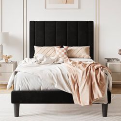 Twin Size Bed Frame/Velvet Upholstered Platform Bed Frame with Headboard/Strong Wood Slats Support/Mattress Foundation/No Box Spring Needed - Black
