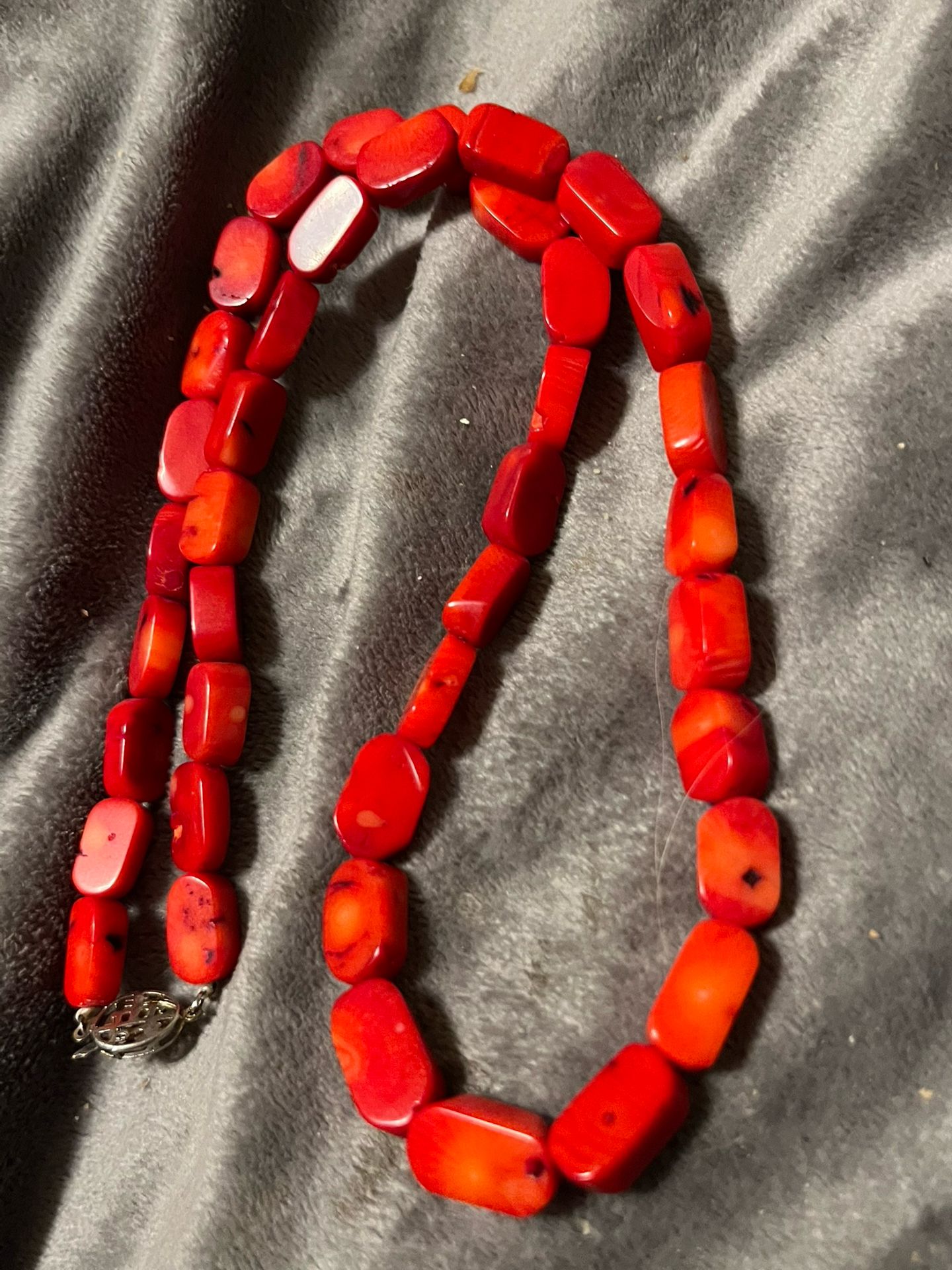 Beautiful Red Coral Cabochons Necklace , Sterling Silver Japanese Clasp