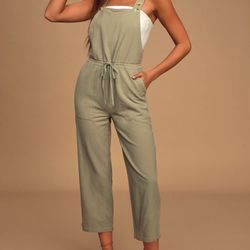 Brand New Lulus Verona Sage Green Drawstring Wide-Leg Jumpsuit Size Medium 