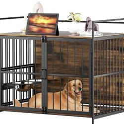 Furniture Style Large Dog Crate with 360° & Adjustable Raised Feeder for Dogs with 2 Stainless Steel Bowls