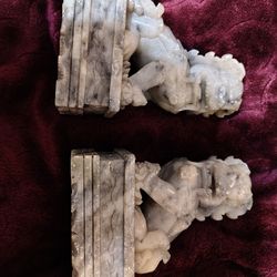 Pair of vintage  hand carved Chinese Soapstone guardian lion bookends. Aka foo dogs