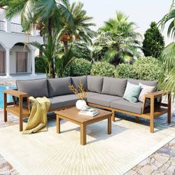 Outdoor Wood Sectional Sofa Set with Coffee Table