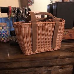 Small size Handmade Plastic Woven Basket with Brown Handle waterproof 29cmx15cmx20cm