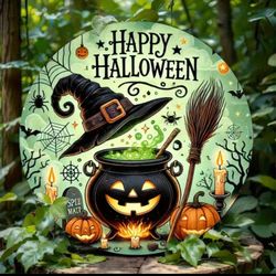 "Bubbling Brew Farewell" Wooden Halloween Sign — Jack-o'-Lantern Cauldron Round Wall Décor