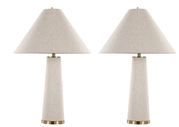 PAIR CREAM LINEN SHADE BRASS TABLE LAMPS