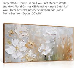 Large White Flower Framed Wall Art Modern White and Gold Floral Canvas Oil Painting Nature Botanical Wall Decor Abstract Aesthetic Artwork for Living 