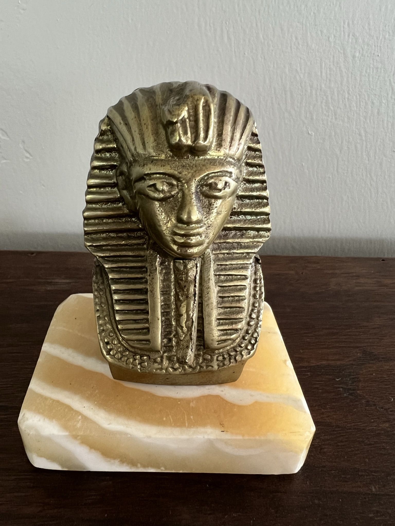 Brass King Tutankhamun Bust on Alabaster Base