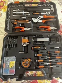 household hand tool kit (all-in-one tool set) . It includes things like a hammer, screwdrivers, pliers, sockets, hex keys, drill bits, and a tape meas