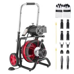  Drain Cleaner Machine 100 FT x 3/8 Inch, Auto Feed Sewer Snake Auger on Wheels - with 8 Cutters & Air-Activated Foot Switch for 2" to 4" Pipes 104*