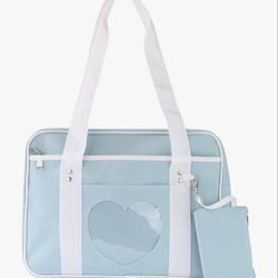 Blue laptop/shoulder bag with heart-shaped window