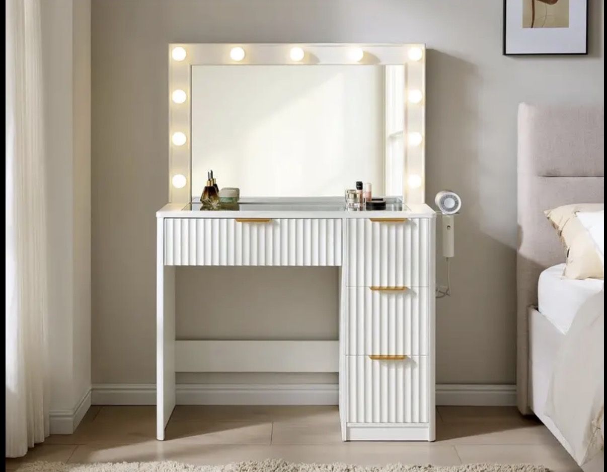 36.2" Fluted Vanity Desk with Mirror and Adjustable LED Lights, Large 4 Drawers Makeup Table with Glass Top and Charging Station for Women and Girls, 