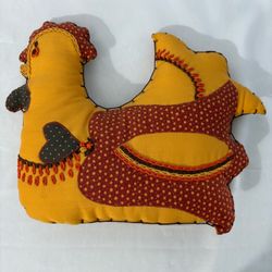Vintage 1970s Calico Chicken Pillow Handmade Patchwork Hen Farmhouse Folk Kitsch Decor 11.5”