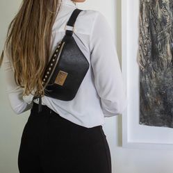 BADGLEY MISCHKA Bridgette Black Studded Vegan Leather Belt Bag | Sling | Fanny Pack