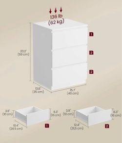 VASAGLE Nightstand w/ Charging Station & 3 Drawers - White