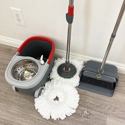 $35 New in box (Combo Set) Broom Dustpan & Spin Mop Wheels Extended Handle with 2pc Microfiber Mop Heads 