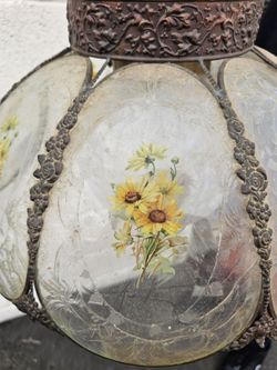Vintage Hanging Sunflower Lamp – Ornate Metal & Painted Glass Shade