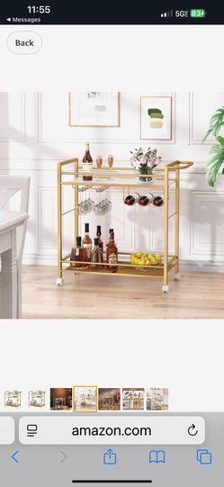Bar Cart,Home Bar Serving Cart with Storage Shelves, 2 Tier Rolling Beverage Cart with Wheels, Modern Wine Cart with Wine Rack and Glass Holder for Ki